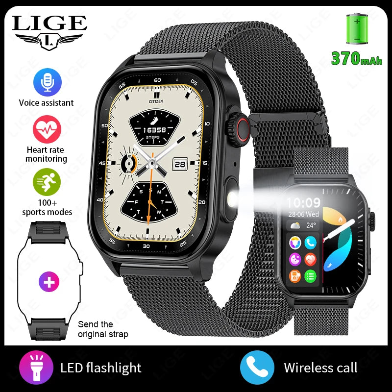 LIGE New Men Smart Watch Flashlight 2.01" HD Large Screen AI Voice Bluetooth Call Sport Watches Health Monitor Smartwatch Women