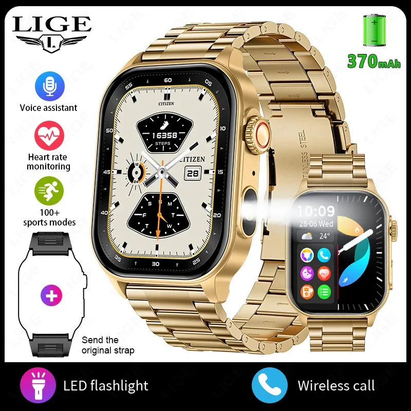 LIGE New Men Smart Watch Flashlight 2.01" HD Large Screen AI Voice Bluetooth Call Sport Watches Health Monitor Smartwatch Women