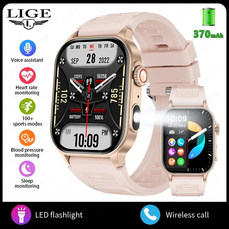 LIGE New Men Smart Watch Flashlight 2.01" HD Large Screen AI Voice Bluetooth Call Sport Watches Health Monitor Smartwatch Women