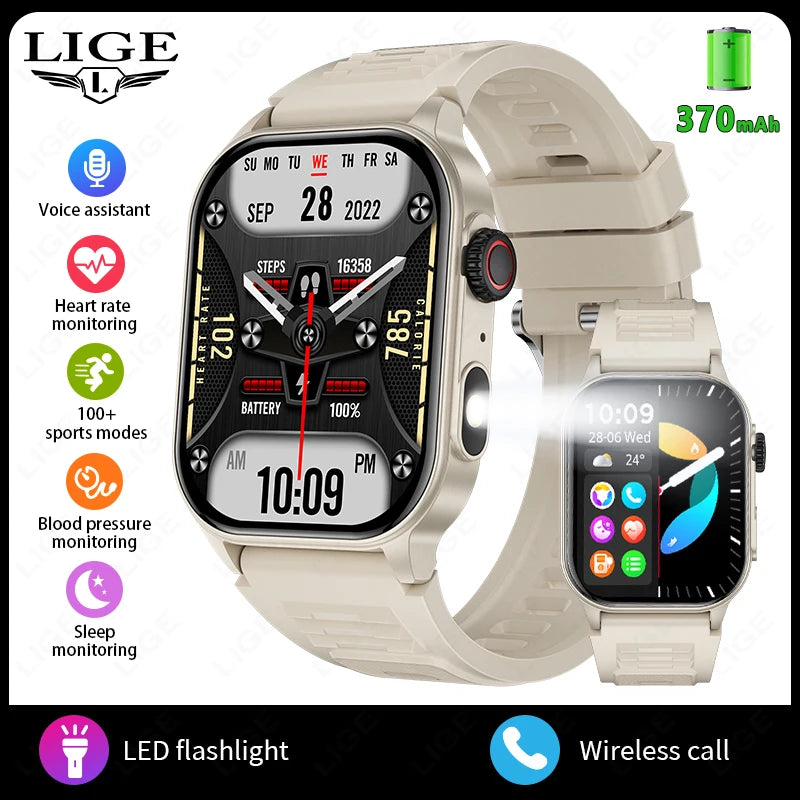 LIGE New Men Smart Watch Flashlight 2.01" HD Large Screen AI Voice Bluetooth Call Sport Watches Health Monitor Smartwatch Women
